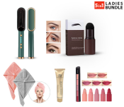 Bundle 1 PCs Set Rose Berry Water Proof Make-up Cover Concealer SPF 30 + 1 PCs Set Professional Electric Hair Straightener Brush Heated Comb + 1 PCs Set Microfiber Quick Hair Drying Towel Turban Wrap Cap - Assorted Colors + 1 PCs Set Loveme Beauty Multi Purpose Instant Shape Eyebrow Stamp Stencil kit with Eyebrow Brush + 1 PCs Set 5 In 1 Lipstick Set Non Stick Long Lasting Waterproof Velvet Matte Finish