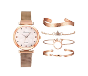 Luxury Magnet Buckle Flower Rhinestone Ladies Quartz Wrist Watch with 4 Pcs Bracelet Set - Gold