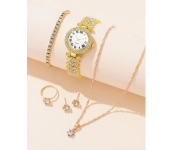 Rhinestone Decor Quartz Watch Wristwatches For Women with 5 Pcs Jewelry Set - Gold