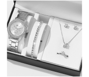 Luxury Rhinestone Fashion Quartz Wristwatches For Women with 5 Pcs Jewelry Set - Silver