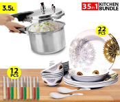 Bundle 1 PCs Set Royal mark 22-Piece Melamine Ware Dinner Set - Yellow/White + 1 PCs Set Fuxwell High Quality Stainless Steel 3inch knife set - 12Pcs + 1 PCs Set HTC305P 3.5 Liter Aluminium Pressure Cooker