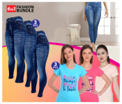 Bundle 3 PCs Set Mixed Print Design T-Shirt for Women + 3 PCs Set Hot Shaper Skin-fit Leggings For Women Caresse Jeans Free Size- Blue