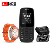 Bundle 1 PCs Set Nokia 105 Dual Sim Mobile Phone - Black (Refurbished) + 1 PCs Set T500 Ultra Pro Clip USB Charging Smart Watch Ocean Band Loop Wrist Strap - Orange + 1 PCs Set M19 Digital Display TWS Mini Sports Headset With Charging Bin