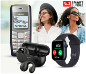 Bundle 1 PCs Set Ambie Sound Earcuffs 1:1 Ear Earring Wireless Bluetooth Earphones - Black + 1 PCs Set IWO 8 Sport Smart Watch - Black + 1 PCs Set Nokia 1112 Refurbished Mobile Phone - Black