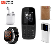 Bundle 1 PCs Set Nokia 105 Dual Sim Mobile Phone - Black (Refurbished) + 1 PCs Set MKZ i11 WTB High Quality Airpods Doble With Power Bank - White + 1 PCs Set T500 Ultra Pro Clip USB Charging Smart Watch Ocean Band Loop Wrist Strap - Black + 1 PCs Set Luxury Card Holder And Wallet Organizer - Brown + 1 PCs Set Macon Powerbank with Strong Light Real Capacity 20000mAH - White