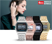 Bundle 1 PCs Set Retro Classic Design Wrist Watch For Women - Gold + 1 PCs Set Retro Classic Design Wrist Watch For Women - Silver + 1 PCs Set Retro Classic Design Wrist Watch For Women - Rose Gold + 1 PCs Set Retro Classic Design Wrist Watch For Women - Black