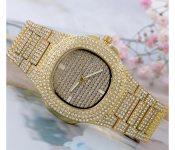 Luxury Quartz Watch with High Quality Cubic Imprint Cut Stone for Women - Gold Front View - ID 133970