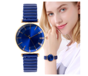 Treasure Simple Ladies Quartz Watch Casual Stainless Steel Elastic Stretch Strap - Blue 