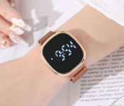 Digital Luxury Metal Electronic LED Wristwatch Fashion Simple Ladies Mesh Strap Watch - Rose Gold