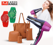Bundle 1 PCs Set Mozer Professional Hair Dryer MZ-5929 4000W + 1 PCs Set Geneva Silicone Band Woman Watch - Green + 1 PCs Set Geneva Silicone Band Woman Watch - Red + 1 PCs Set 4 Pcs Set Leather Handbag for Women - Brown