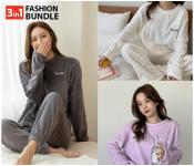 Bundle 1 PCs Set Winter Flannel Velvet Pajamas Sets Sleepwear for Women - White + 1 PCs Set Winter Flannel Velvet Pajamas Sets Sleepwear for Women - Purple + 1 PCs Set Winter Flannel Velvet Pajamas Sets Sleepwear for Women - Grey