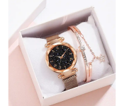 Rhinestone Decor Round Dial Zinc Alloy Strap Quartz Watch with Luminous Bracelet Set - Gold  - Similar Product Imag - ID 133133