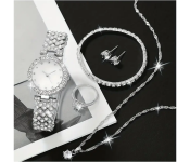 Rhinestone Decor Quartz Watch Wristwatches For Women with 5 Pcs Jewelry Set - Silver