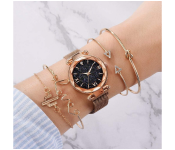 Jongo Luxury Starry Sky Dial Ladies Watches with 4 Pcs Crystal Bracelet Set - Gold