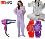 Bundle 1 PCs Set Winter Flannel Velvet Pajamas Sets Sleepwear for Women - White + 1 PCs Set Winter Flannel Velvet Pajamas Sets Sleepwear for Women - Purple + 1 PCs Set Mozer Professional Hair Dryer MZ-5929 4000W + 1 PCs Set Geneva Silicone Band Woman Watch - Red + 1 PCs Set Geneva Silicone Band Woman Watch - Blue