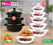 Bundle 1 PCs Set Jongo 6 pcs High Quality Casserole Set With Glass Lid - Black + 1 PCs Set Olympia OE-021 10 Pcs Casserole Set with Glass Cover - White