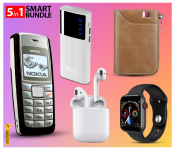 Bundle 1 PCs Set Nokia 1112 Refurbished Mobile Phone - Black + 1 PCs Set inPods 12 Twin Bluetooth Headset - White + 1 PCs Set Macon Powerbank with Strong Light Real Capacity 20000mAH - White + 1 PCs Set Luxury Card Holder And Wallet Organizer - Assorted Color + 1 PCs Set T800 Smart Watch Music Bluetooth Call 1.44 Inch Full Touch Screen - Black
