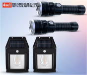 Bundle 2 PCs Set P90 Super Light Rechargeable Led Zoomable Flashlight Aerospace Aluminum Alloy + 2 PCs Set Outdoor Solar Wall Lamp Waterproof Tungsten Filament Lamp Induction Lamp Household Light Garden Wall Light