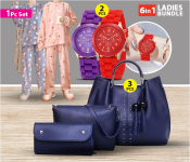 Bundle 1 PCs Set PU Leather Ladies Wallet Ladies Pars Hand Set Bag With Rivet - Blue + 1 PCs Set Geneva Silicone Band Woman Watch - Blue + 1 PCs Set Autumn Winter Warm Flannel Thick Homewear Long Sleeve Cartoon Sleepwear Female Pajamas Suit Wearable - Assorted + 1 PCs Set Geneva Silicone Band Woman Watch - Red