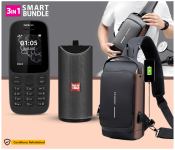 Bundle 1 PCs Set Anti theft Crossbody Sling bag for Men Women, Waterproof Leather Chest with USB Charging Port + 1 PCs Set TG 113 Portable Wireless Bluetooth Stereo High Bass Speaker - Assorted + 1 PCs Set Nokia 105 Dual Sim Mobile Phone - Black (Refurbished)