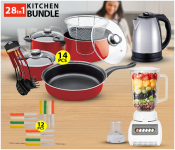 Bundle 1 PCs Set Krawn - KB999 2-In-1 Blender - White + 1 PCs Set Olympia 14 Piece High Quality Non Stick Cookware Set with Deep Fryer - Red + 1 PCs Set Generic 1.8L Electric Kettle - Black and Silver + 1 PCs Set Fuxwell High Quality Stainless Steel 3inch knife set - 12Pcs