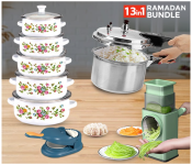 Bundle 1 PCs Set Generic High Quality Multi-function Rotary Hand-held Vegetable Cutter - Green + 1 PCs Set 2 In 1 Dumpling Samosa maker + 1 PCs Set 10pcs Olympia Casserole Set Olympia OE-003 + 1 PCs Set HTC305P 3.5 Liter Aluminium Pressure Cooker