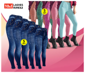 Bundle 5 PCs Set Hot Shaper Skin-fit Leggings For Women Caresse Jeans Free Size- Blue + 5 PCs Set Womens Ultra Soft Seamless Space Dye Leggings Free Size - Assorted