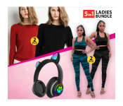 Bundle 2 PCs Set 8560 Free Size Round Neck Long-sleeved Knitted Pullover Solid Jumper Sweater For Women + 1 PCs Set Cat Ears Headphones Wireless With MIC Control LED Ladies and Girl Stereo Cute Music Helmet Bluetooth Headset + 2 PCs Set Galaxy Printed Bra And Legging for Women - Military Green