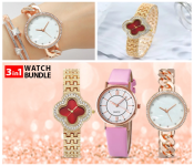 Bundle 1 PCs Set Luxury Casual Leather Simple Dress Quartz Ladies Wristwatch - Violet + 1 PCs Set Stainless Steel Red Clover Dial Crystal Watches Luxury For Women + 1 PCs Set Ladies Elegant Fashion Quartz Wristwatch - Rose Gold
