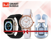 Bundle 1 PCs Set 8 Series XS8 Pro Ultra Smart Watch Ocean Band Loop Wrist Strap - Black + 1 PCs Set ULTRAPODS MAX EARBUDS WITH CRYSTAL TRANSPARENT CASE BLUETOOTH 5.3 IPX4 Waterproof EARBUDS -Blue + 1 PCs Set Luxury Casual Leather Simple Dress Quartz Ladies Wristwatch - White