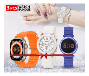Bundle 1 PCs Set Elastic Metal Strap LED Watch JA156-6 - Blue + 1 PCs Set T500 Ultra Pro Clip USB Charging Smart Watch Ocean Band Loop Wrist Strap - Orange + 1 PCs Set Geneva Silicone Band Woman Watch - White