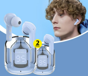 Bundle 2 PCs Set ULTRAPODS MAX EARBUDS WITH CRYSTAL TRANSPARENT CASE BLUETOOTH 5.3 IPX4 Waterproof EARBUDS -Blue
