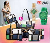 Bundle 1 PCs Set PU Leather 6 Pcs Check Pattern Composite Shoulder Crossbody Bag for Women -Blue and Green + 1 PCs Set Geneva Silicone Band Woman Watch - Green + 1 PCs Set Stainless Steel Green Clover Dial Crystal Watches Luxury For Women