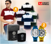 Bundle 1 PCs Set 4 Piece Mens Striped T-Shirt + 1 PCs Set Set of 2 Classic Edition Unisex Analog Watches - Blue and Gold + 1 PCs Set EMYC 304 25ml Gents Perfume