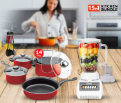Bundle 1 PCs Set Refura - RE-10205 2-In-1 Blender - White + 1 PCs Set Olympia 14 Piece High Quality Non Stick Cookware Set with Deep Fryer - Red