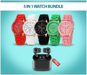 Bundle 1 PCs Set Geneva Silicone Band Woman Watch - White + 1 PCs Set Geneva Silicone Band Woman Watch - Green + 1 PCs Set Geneva Silicone Band Woman Watch - Black + 1 PCs Set Geneva Silicone Band Woman Watch - Red + 1 PCs Set Geneva Silicone Band Woman Watch - Pink + 1 PCs Set TWS Airpod Pro 3 Bluetooth Earphones Wireless Headset - Black