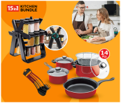 Bundle 1 PCs Set Olympia 14 Piece High Quality Non Stick Cookware Set with Deep Fryer - Red + 1 PCs Set Kitchen Rotating 18 Pcs Glase Spice Jars Countertop Revolving Spice Rack 360°Rotating Seasoning Kitchen Organizer