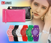 Bundle 1 PCs Set Leather Crocodile Pattern Handbag For Women - Black + 1 PCs Set Leather Crocodile Pattern Handbag For Women - Pink + 1 PCs Set Geneva Silicone Band Woman Watch - White + 1 PCs Set Geneva Silicone Band Woman Watch - Green + 1 PCs Set Geneva Silicone Band Woman Watch - Black + 1 PCs Set Geneva Silicone Band Woman Watch - Red + 1 PCs Set Geneva Silicone Band Woman Watch - Pink + 1 PCs Set Geneva Silicone Band Woman Watch - Blue