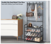 DOUBLE POLE Steel Metal 5 Tier Shoe Rack with Clothes Coat Hook Hanger