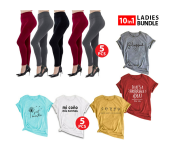 Bundle 5 PCs Set 3232 Women High Waist Full Length Thick Warm Cotton Knitted Long Leggings + 5 PCs Set Mixed Print Design T-Shirt for Women