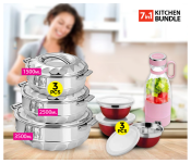 Bundle 1 PCs Set Mini 420ml Portable Rechargeable USB Mini Juicer Blender-X + 1 PCs Set 3 Sets OE-1746 Serving Nesting Stainless Steel Salad Mixing Bowl with Lids – Red + 1 PCs Set 3 Piece Max Fresh Solitaire Stainless Steel Insulated Hot Pot Casserole Gift Set - Silver, 3500ml, 2500ml, 1500ml. 