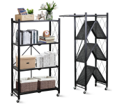 4 Tier Folding Storage Shelf Metal Rack with Rolling Wheel - Black