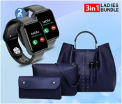 Bundle 1 PCs Set PU Leather Ladies Wallet Ladies Pars Hand Set Bag With Rivet - Blue + 2 PCs Set IWO 8 Sport Smart Watch - Black