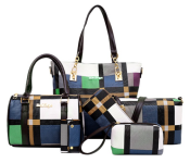 Bundle 1 PCs Set PU Leather 6 Pcs Check Pattern Composite Shoulder Crossbody Bag for Women -Blue and Green + 1 PCs Set PU Leather Ladies Wallet Ladies Pars Hand Set Bag With Rivet - Rose