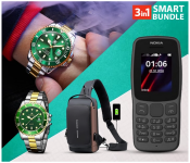 Bundle 1 PCs Set IIK Rotatable Bezel Sapphire Glass Stainless Steel Band Sport Quartz Wrist Watch for Men – Green and Gold + 1 PCs Set Anti theft Crossbody Sling bag for Men Women, Waterproof Leather Chest with USB Charging Port + 1 PCs Set Nokia 106 Dual Sim Mobile Phone - Black (Refurbished) 