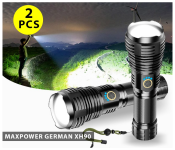 Bundle 2 PCs Set Maxpower German XH90 4 LED Rechargeable Zoomable Flashlight Gun Metal Body