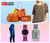 Bundle 1 PCs Set Womens Trendy Round Neck 9044 Leopard Print Daily Wear Comfy T-Shirt - Free Size + 1 PCs Set Elastic Metal Strap LED Watch JA156-1 - Purple + 1 PCs Set Galaxy Signature EAU DE Perfume - 100 ml + 1 PCs Set 4 Pcs Set Leather Handbag for Women - Brown + 1 PCs Set Hot Shaper Skin fit Leggings For Women Caresse Jeans Free Size - Blue 