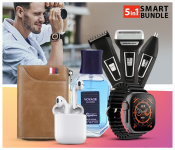 Bundle 1 PCs Set Yoko 3 in 1 Rechargeable Shaver Hair Clipper Nose Trimmer - Black and Gold + 1 PCs Set Galaxy Signature EAU DE Perfume - 100 ml + 1 PCs Set T500 Ultra Pro Clip USB Charging Smart Watch Ocean Band Loop Wrist Strap - Black + 1 PCs Set Luxury Card Holder And Wallet Organizer - Assorted Color + 1 PCs Set inPods 12 Twin Bluetooth Headset - White