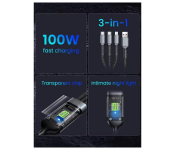 Bundle 4 PCs Set Fast USB Cable Charger, 3-in-1 Multi Charging 100W, Type-C/Micro USB/Lightnning, Compatible with All Devices, Strong and Durable, Black