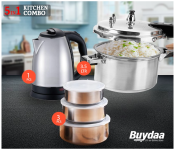 Bundle 1 PCs Set HTC305P 3.5 Liter Aluminium Pressure Cooker + 1 PCs Set 3 Pcs Stainless Steel Food Storage Container Kitchen Salads Cereal Sealed Bowl with Lid for Kitchen Counte Tea Sugar Coffee + 1 PCs Set Generic 1.8L Electric Kettle - Black and Silver